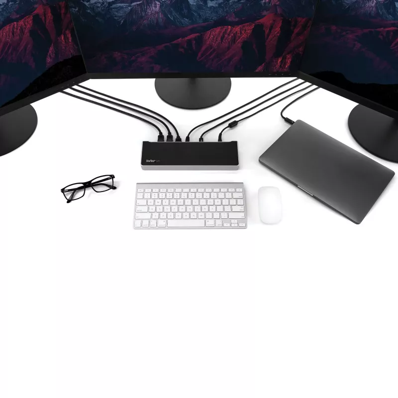 StarTech.com 4K USB-C -telakka, kolmen UHD 4K -näytön telakointiasema, Mac & Windows, USB-C - HDMI & DisplayPort, 100W Power Delivery, 5x USB 5Gbit/s -keskitin – TAA