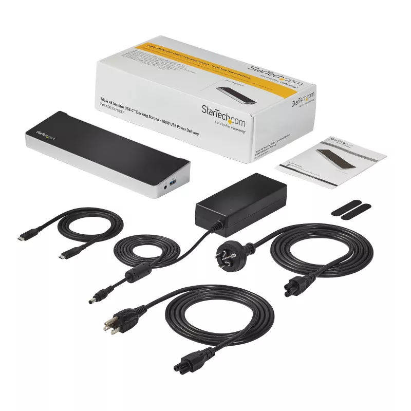 StarTech.com 4K USB-C -telakka, kolmen UHD 4K -näytön telakointiasema, Mac & Windows, USB-C - HDMI & DisplayPort, 100W Power Delivery, 5x USB 5Gbit/s -keskitin – TAA