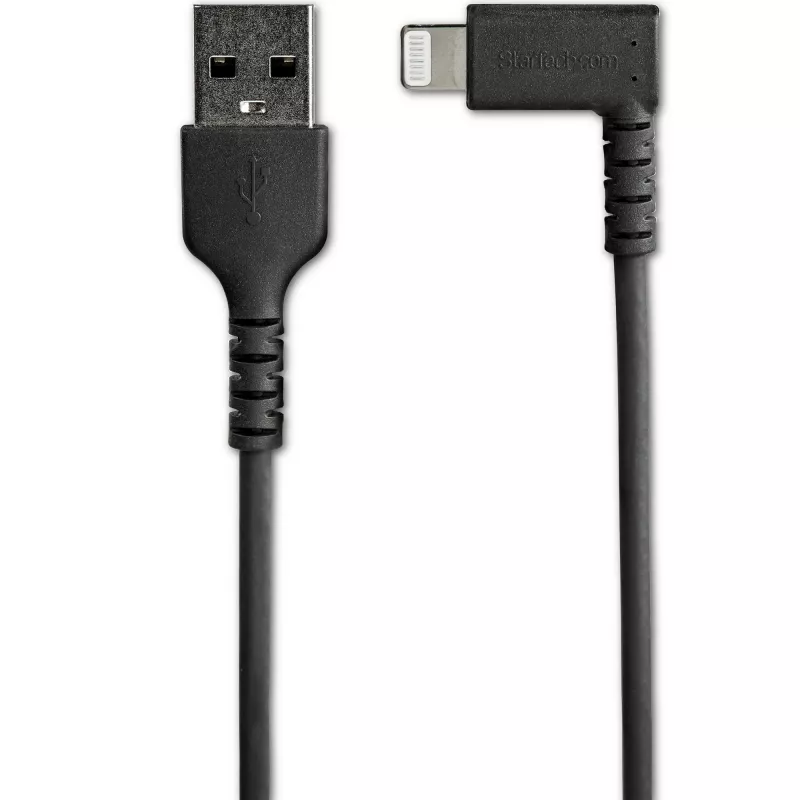StarTech.com 1 m kestävä USB-A - Lightning -kaapeli – musta, 90° kulma, kulutusta kestävä, aramidikuidulla vahvistettu, USB Type-A - Lightning -lataus-/synkronointikaapeli – Apple MFi -sertifioitu – iPhone