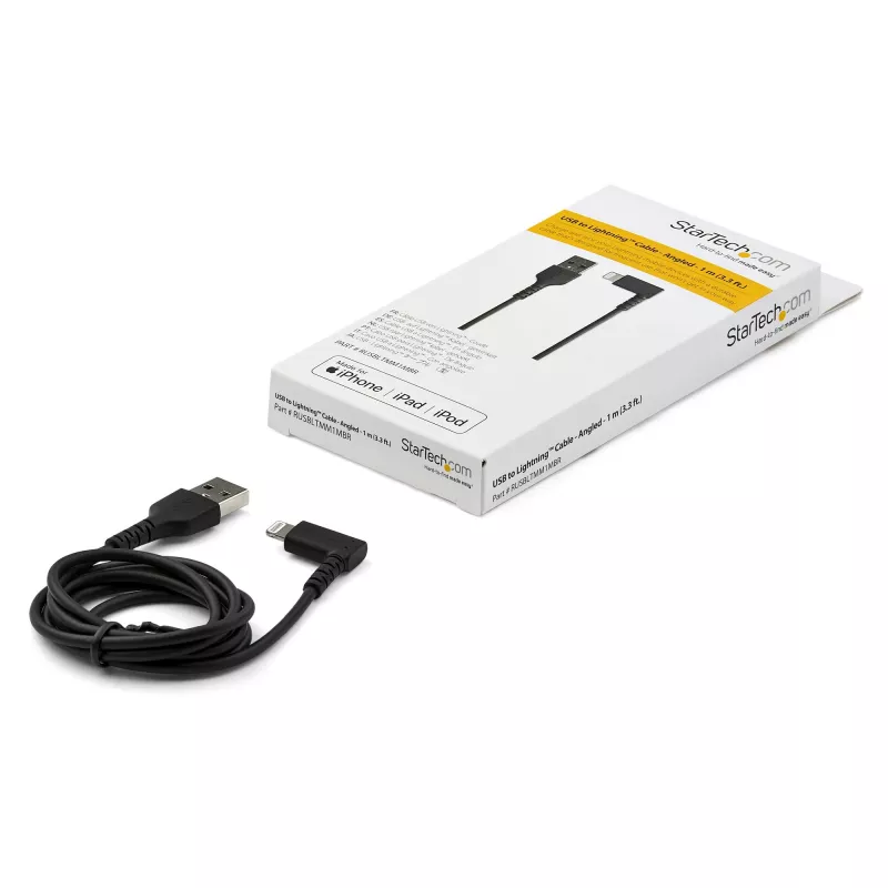 StarTech.com 1 m kestävä USB-A - Lightning -kaapeli – musta, 90° kulma, kulutusta kestävä, aramidikuidulla vahvistettu, USB Type-A - Lightning -lataus-/synkronointikaapeli – Apple MFi -sertifioitu – iPhone