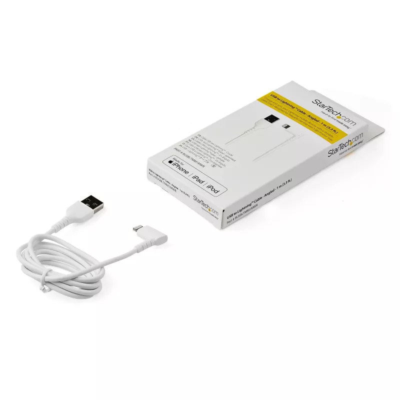 StarTech.com 1 m kestävä USB-A - Lightning -kaapeli – valkoinen 90° kulma kulutusta kestävä aramidikuitu USB Type-A - Lightning -lataus-/synkronointikaapeli – Apple MFi -sertifioitu – iPhone