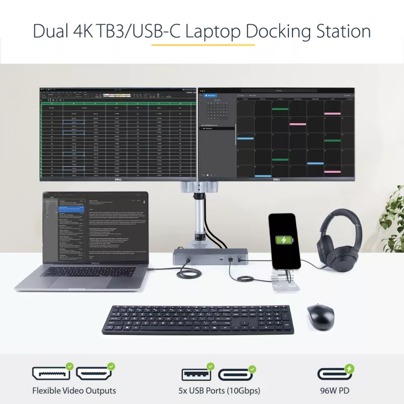 StarTech.com USB C -telakointiasema Macbook Pro/Air-M1/M2/M3/M4:lle, Thunderbolt-yhteensopiva, HDMI/DisplayPort, Dual 4K 60Hz/Single 8K, USB Type-C -kannettavat telakka, 96W Power Delivery, USB 10Gbps