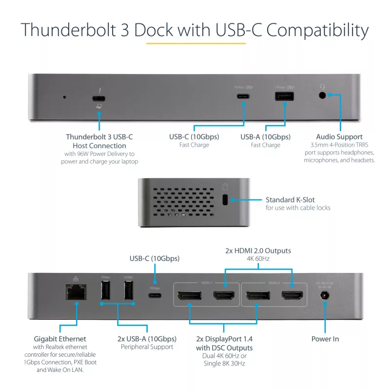 StarTech.com USB C -telakointiasema Macbook Pro/Air-M1/M2/M3/M4:lle, Thunderbolt-yhteensopiva, HDMI/DisplayPort, Dual 4K 60Hz/Single 8K, USB Type-C -kannettavat telakka, 96W Power Delivery, USB 10Gbps