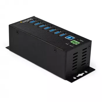 StarTech.com 7-porttinen USB 3.0 -keskitin virtalähteellä – metallinen teollisuus-USB-A-keskitin ESD- ja 350 W ylijännitesuojalla – DIN-/seinä-/pöytäasennus – suurnopeus-USB 3.2 Gen 1 (5 Gbit/s) -keskitin – TAA