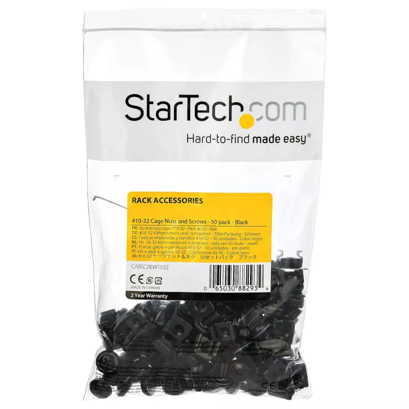 StarTech.com 50 kpl:n pakkaus 10-32 palvelinrunkokaapelin muttereita ja ruuveja aluslevyillä – rack-asennuslaitteiston sarja – klipsi-/häkkimutterit ja ruuvit neliömäisille rei'ille – musta – TAA
