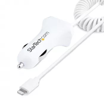 StarTech.com Lightning-autolaturi spiraalikaapelilla, 1 m Lightning-spiraalikaapeli, 12 W, valkoinen, 2-porttinen USB-autolaturisovitin puhelimille ja tableteille, dual-USB-auto-iPhone-laturi