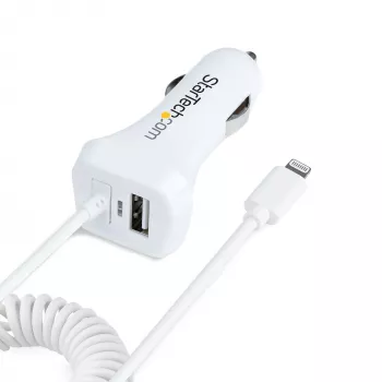 StarTech.com Lightning-autolaturi spiraalikaapelilla, 1 m Lightning-spiraalikaapeli, 12 W, valkoinen, 2-porttinen USB-autolaturisovitin puhelimille ja tableteille, dual-USB-auto-iPhone-laturi