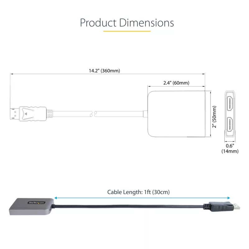 StarTech.com DP–dual HDMI MST -keskitin – dual HDMI 4K 60 Hz – DisplayPort-moninäyttöadapteri 30 cm kaapelilla – DP 1.4 Multi Stream Transport -keskitin, DSC | HBR3 – DP–HDMI-jakaja