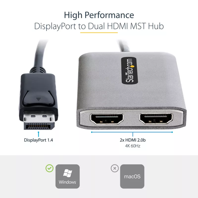 StarTech.com DP–dual HDMI MST -keskitin – dual HDMI 4K 60 Hz – DisplayPort-moninäyttöadapteri 30 cm kaapelilla – DP 1.4 Multi Stream Transport -keskitin, DSC | HBR3 – DP–HDMI-jakaja