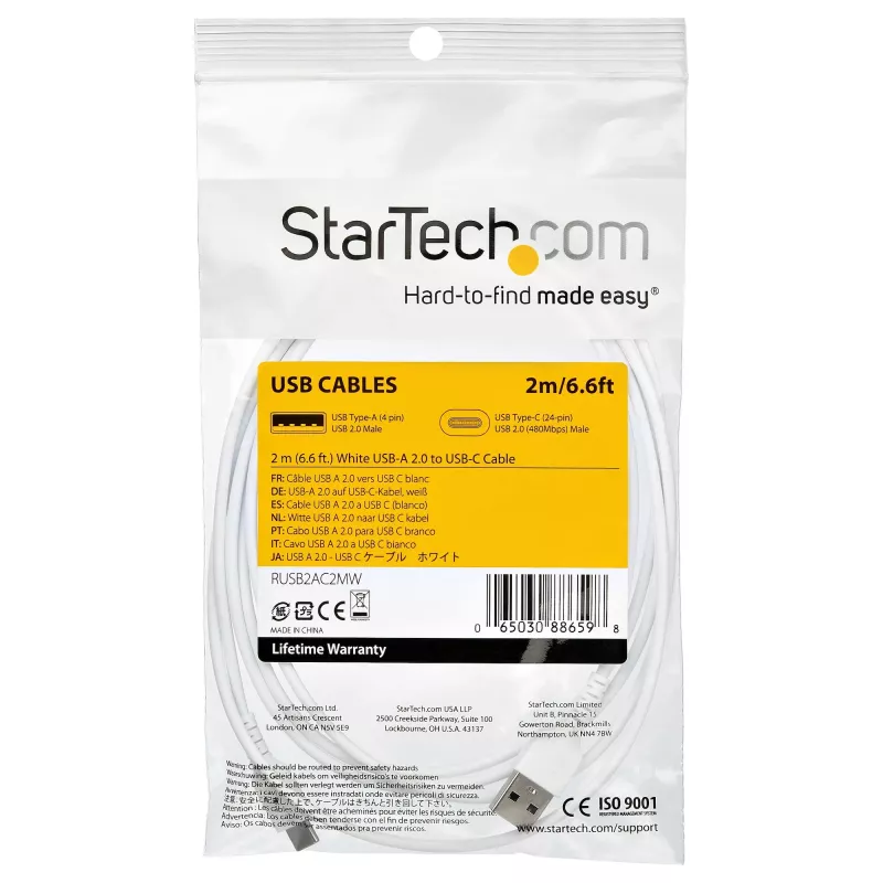 StarTech.com 2 m USB-A–USB-C-latauskaapeli – kestävä pikalataus- ja synkronointi-USB 2.0–USB Type-C -datakaapeli – kestävä TPE-päällyste, aramidikuitu M/M 3A valkoinen – Samsung S10, iPad Pro, Pixel