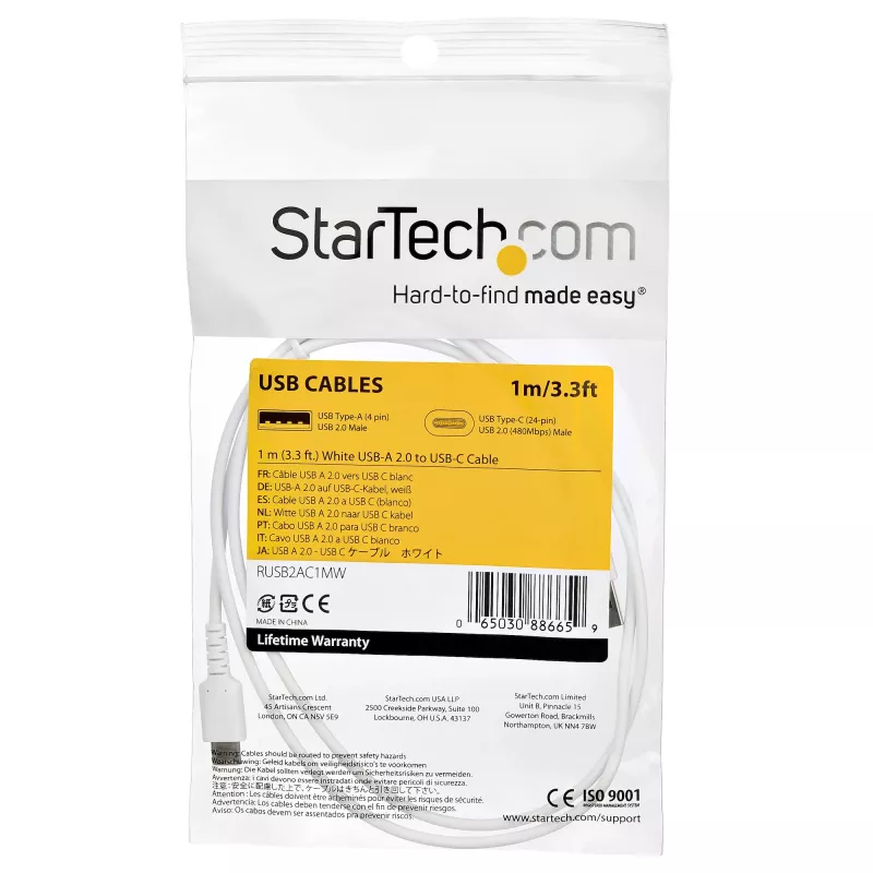 StarTech.com 1 m USB-A–USB-C-latauskaapeli – kestävä pikalataus- ja synkronointikaapeli USB 2.0–USB Type-C – kestävä TPE-päällyste aramidikuidulla M/M 3A valkoinen – Samsung S10, iPad Pro, Pixel