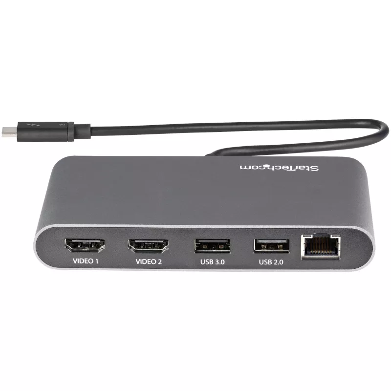 StarTech.com kaksinäyttöinen Thunderbolt-minitelakka, 4K 60Hz HDMI, ajuriton keskitin Windowsille & Macille, Gigabit Ethernet, 1 x USB 5Gbps & 1x USB 2.0, 28 cm kaapeli