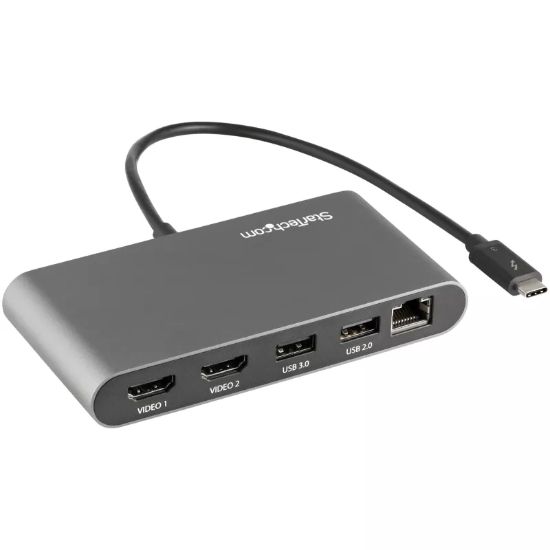 StarTech.com kaksinäyttöinen Thunderbolt-minitelakka, 4K 60Hz HDMI, ajuriton keskitin Windowsille & Macille, Gigabit Ethernet, 1 x USB 5Gbps & 1x USB 2.0, 28 cm kaapeli