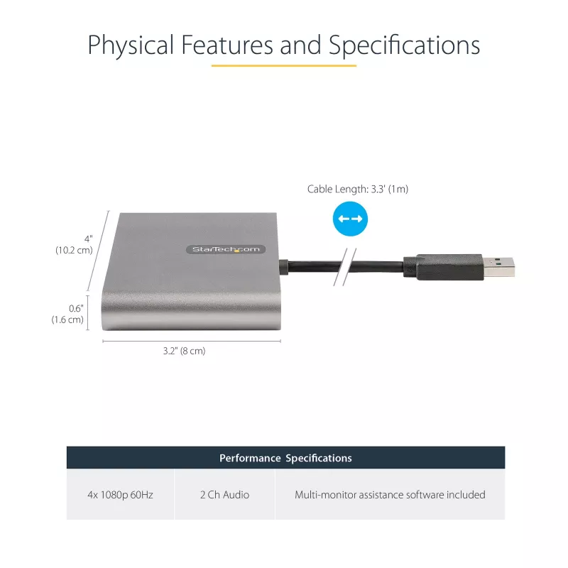 StarTech.com USB 3.0 – neljä HDMI -adapteri, USB–4x HDMI-näyttömuunnin Windowsille (ei tue macOS/ChromeOS/Linux) – TAA