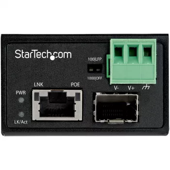 StarTech.com PoE+ teollinen kuitu–Ethernet-mediakonvertteri 30W – SFP–RJ45 – Singlemode/Multimode kuitu kupari Gigabit Ethernetiin – mini/kompakti koko – IP-30/ -40…+75 °C