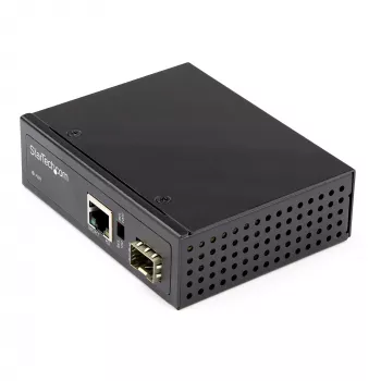 StarTech.com PoE+ teollinen kuitu–Ethernet-mediakonvertteri 60W – SFP–RJ45 – Singlemode/Multimode kuitu kupari Gigabit Ethernetiin – kompakti koko – IP30/ -40…+75 °C