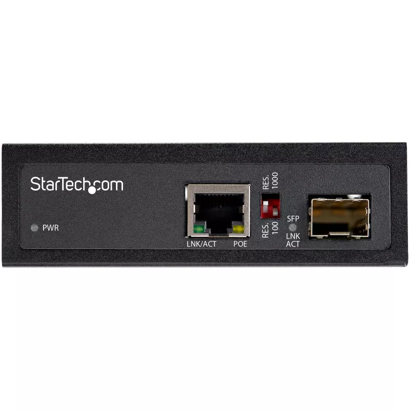 StarTech.com PoE+ teollinen kuitu–Ethernet-mediakonvertteri 60W – SFP–RJ45 – Singlemode/Multimode kuitu kupari Gigabit Ethernetiin – kompakti koko – IP30/ -40…+75 °C