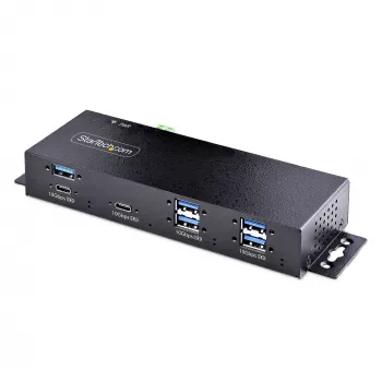 StarTech.com 7-porttinen teollinen USB 10Gbps -keskitin virtalähteellä, metalli, asennettava, 5x USB-A ja 2x USB-C alavirran porttia, ESD-suoja, virtalähteellinen USB-keskitin, TAA