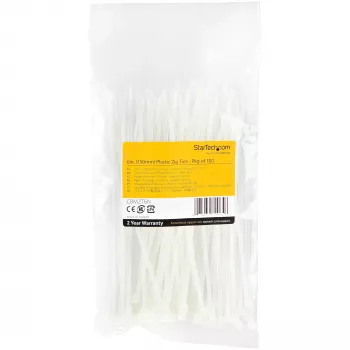 StarTech.com 100 kpl:n pakkaus 6 tuuman (15 cm) kaapelisidoksia – 1/8 tuuman (3,6 mm) leveä, 1-3/8 tuuman (39 mm) nippuhalkaisija, 40 lb (18 kg) vetolujuus, itselukittuvat nailonkaapelisidokset taivutetulla kärjellä, UL-listattu, valkoinen – TAA