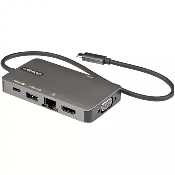 StarTech.com USB-C-moniporttiadapteri – USB-C - 4K 30Hz HDMI tai 1080p VGA – USB Type-C -minitelakka 100W Power Delivery -läpiviennillä, 3-porttinen USB-keskitin 5Gbps, GbE – 12″ (30 cm) kiinteä kaapeli