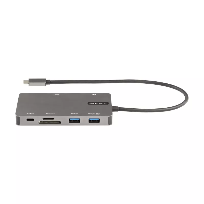 StarTech.com USB-C-moniporttiadapteri – HDMI 4K 30Hz tai VGA Travel Dock – 5Gbps USB 3.0 -keskitin (USB-A-/USB-C-liitännät) – 100W Power Delivery – SD/Micro SD – GbE – 30cm kaapeli – USB-C-minitelakka