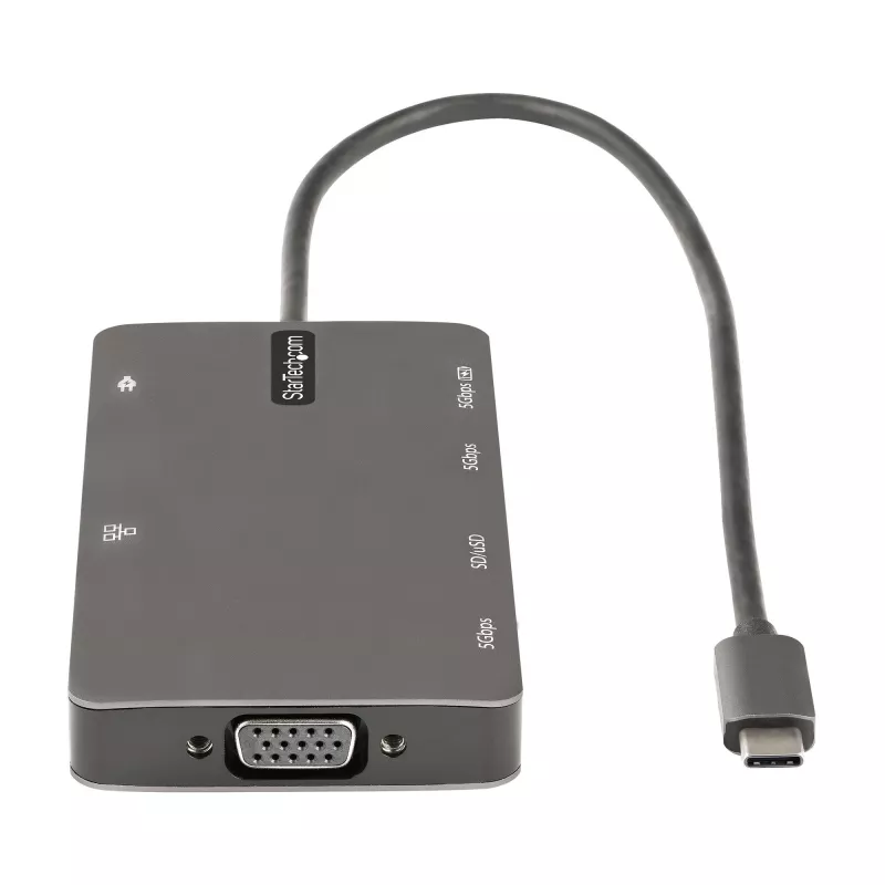 StarTech.com USB-C-moniporttiadapteri – HDMI 4K 30Hz tai VGA Travel Dock – 5Gbps USB 3.0 -keskitin (USB-A-/USB-C-liitännät) – 100W Power Delivery – SD/Micro SD – GbE – 30cm kaapeli – USB-C-minitelakka