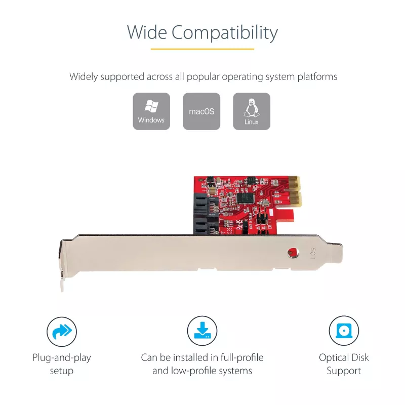 StarTech.com SATA PCIe -kortti - 2-porttinen PCIe SATA -laajennuskortti - 6Gbps - Full/Low Profile - PCI Express - SATA-adapteri/ohjain - ASM1062R SATA RAID - PCIe - SATA-muunnin