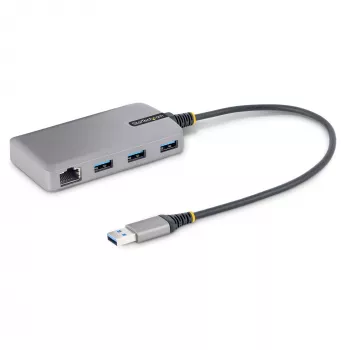 StarTech.com 3-porttinen USB-keskitin Ethernetillä - 3x USB-A-liitäntää - Gigabit Ethernet (RJ-45) - USB 3.0 5Gbit/s - väylävirtalähdetty - 30 cm kaapeli - kannettava kannettavan tietokoneen USB-keskitinadapteri GbE:llä