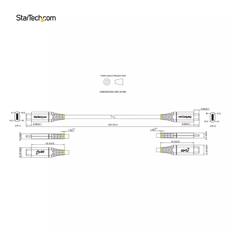 StarTech.com 20 tuuman (50 cm) USB-C-kaapeli 10 Gbit/s – USB 3.1 Type-C -kaapeli – 100 W (5 A) Power Delivery -lataus, DP Alt Mode – USB-C-kaapeli USB-C-kannettavalle/puhelimelle/laitteelle – lataus/synkronointi