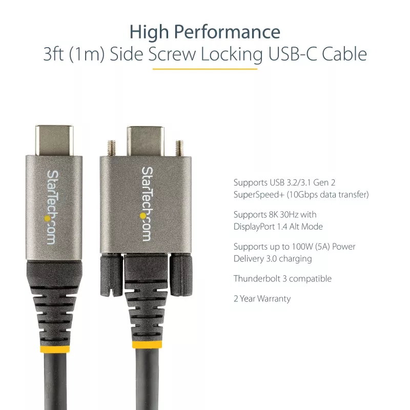 StarTech.com 0,91 m sivuruuvilukittuva USB-C-kaapeli 10 Gbit/s – USB-IF-sertifioitu USB-C-kaapeli – USB 3.1/3.2 Gen 2 Type-C -kaapeli – 100 W (5 A) Power Delivery -lataus, DP Alt Mode – kaksoisruuvilukitus – USB-C-kaapeli lataus/synkronointi