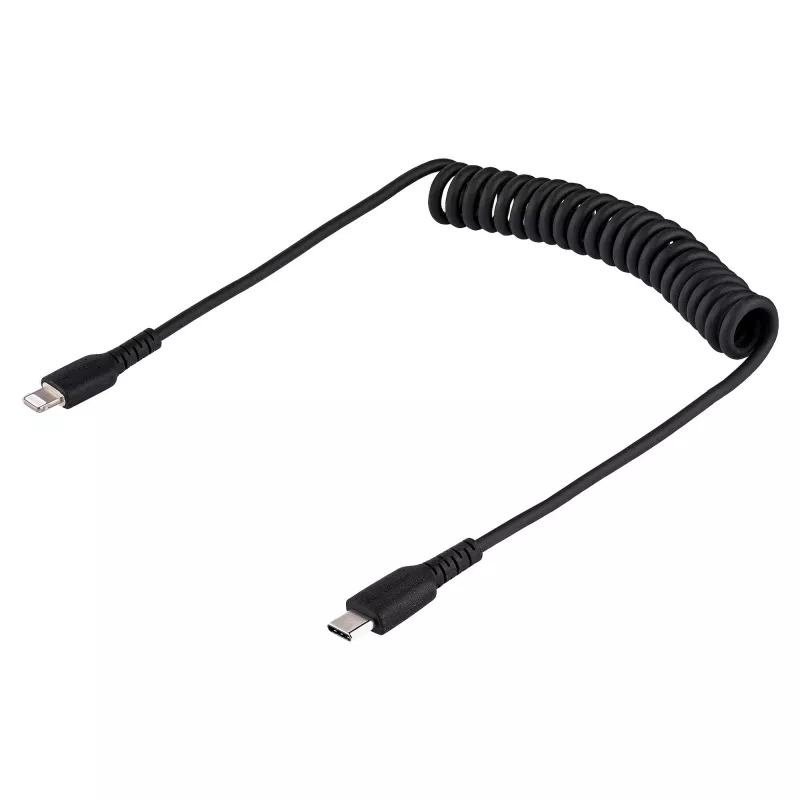 StarTech.com 1m (3ft) USB-C - Lightning -kaapeli, MFi-sertifioitu, spiraalikaapeli iPhone-latauskaapeli, musta, luja TPE-päällyste aramidikuitu, kestävä spiraalikaapeli Lightning