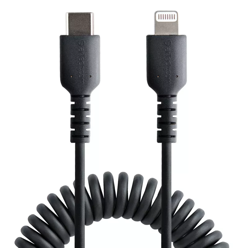 StarTech.com 1m (3ft) USB-C - Lightning -kaapeli, MFi-sertifioitu, spiraalikaapeli iPhone-latauskaapeli, musta, luja TPE-päällyste aramidikuitu, kestävä spiraalikaapeli Lightning