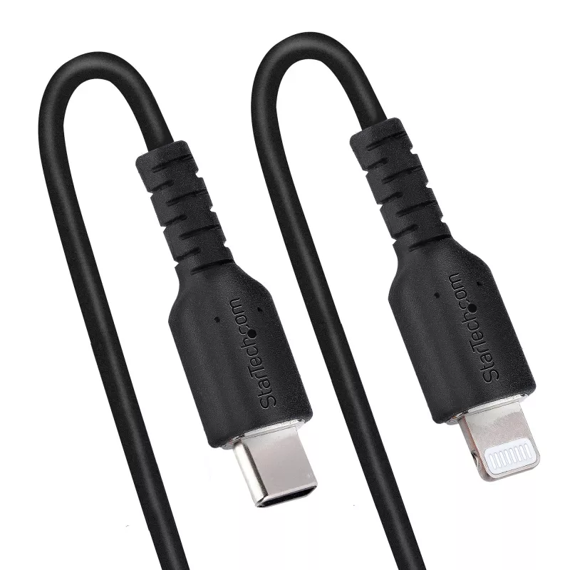 StarTech.com 1m (3ft) USB-C - Lightning -kaapeli, MFi-sertifioitu, spiraalikaapeli iPhone-latauskaapeli, musta, luja TPE-päällyste aramidikuitu, kestävä spiraalikaapeli Lightning