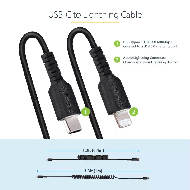 StarTech.com 1m (3ft) USB-C - Lightning -kaapeli, MFi-sertifioitu, spiraalikaapeli iPhone-latauskaapeli, musta, luja TPE-päällyste aramidikuitu, kestävä spiraalikaapeli Lightning