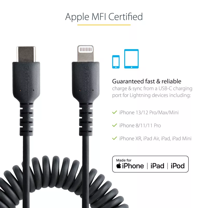 StarTech.com 1m (3ft) USB-C - Lightning -kaapeli, MFi-sertifioitu, spiraalikaapeli iPhone-latauskaapeli, musta, luja TPE-päällyste aramidikuitu, kestävä spiraalikaapeli Lightning
