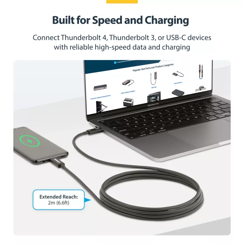 StarTech.com 2m aktiivinen Thunderbolt 4 -kaapeli, 40 Gbit/s, 100W Power Delivery, 4K/8K-video, Intel-sertifioitu Thunderbolt-kaapeli – yhteensopiva USB4/Thunderbolt 4/USB 3.2/USB Type-C/DisplayPort/Thunderbolt 3 kanssa