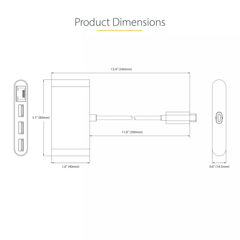 StarTech.com 3-porttinen USB-C-keskitin Ethernetillä - 3x USB-A - gigabit-Ethernet - USB 3.0 5Gbps - väylävirralla toimiva - 1ft/30cm pitkä USB Type-C-isäntäkaapeli - GbE - kannettava USB-C–USB-A-keskitin