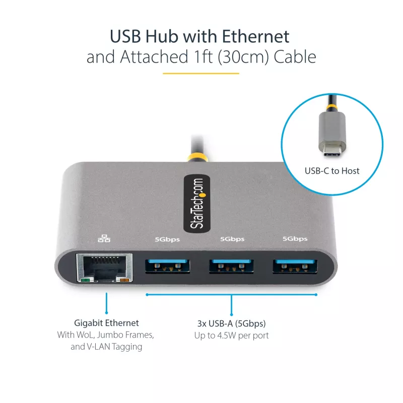 StarTech.com 3-porttinen USB-C-keskitin Ethernetillä - 3x USB-A - gigabit-Ethernet - USB 3.0 5Gbps - väylävirralla toimiva - 1ft/30cm pitkä USB Type-C-isäntäkaapeli - GbE - kannettava USB-C–USB-A-keskitin