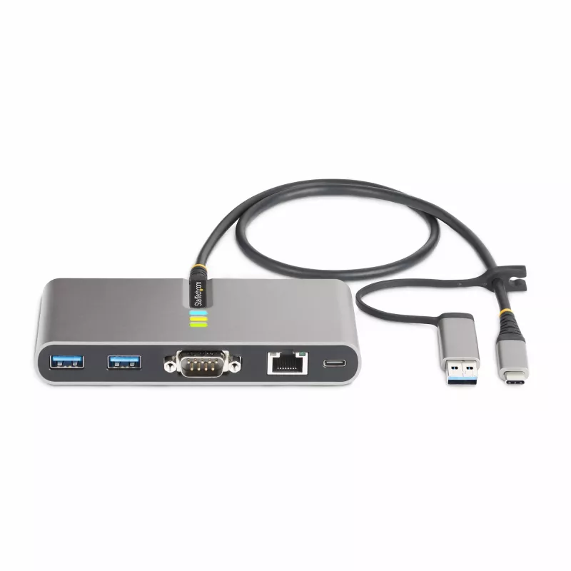 StarTech.com 2-porttinen USB-C-keskitin Ethernetillä ja RS-232:lla, kiinteä USB-C–USB-A-dongle, 100 W PD -läpivienti, 2x USB-A 5 Gbit/s, gigabit-Ethernet, RS232-sarjaliitäntä (FTDI)