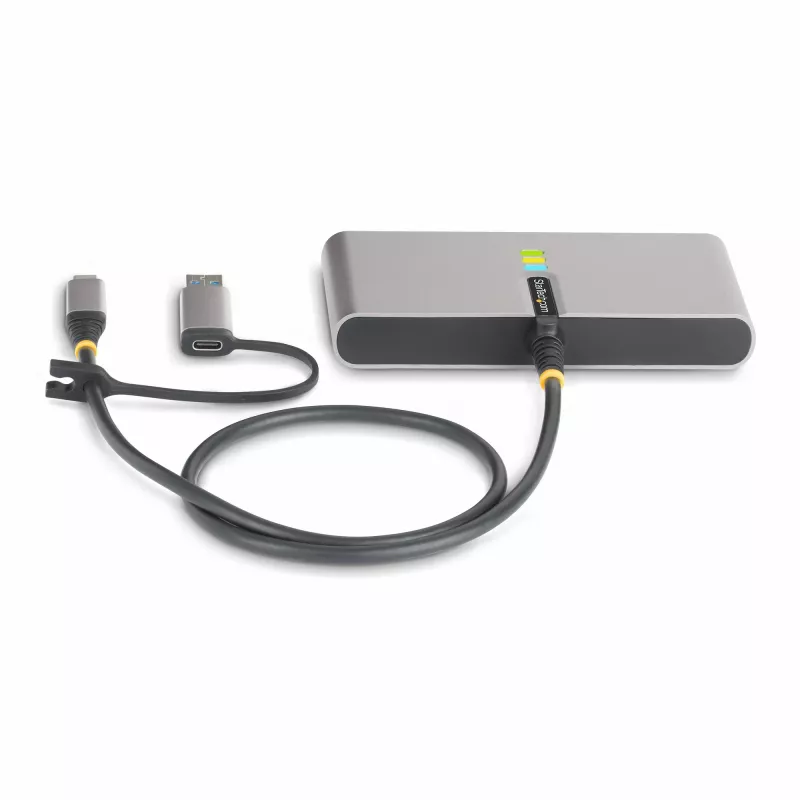 StarTech.com 2-porttinen USB-C-keskitin Ethernetillä ja RS-232:lla, kiinteä USB-C–USB-A-dongle, 100 W PD -läpivienti, 2x USB-A 5 Gbit/s, gigabit-Ethernet, RS232-sarjaliitäntä (FTDI)