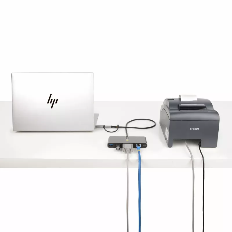 StarTech.com 2-porttinen USB-C-keskitin Ethernetillä ja RS-232:lla, kiinteä USB-C–USB-A-dongle, 100 W PD -läpivienti, 2x USB-A 5 Gbit/s, gigabit-Ethernet, RS232-sarjaliitäntä (FTDI)