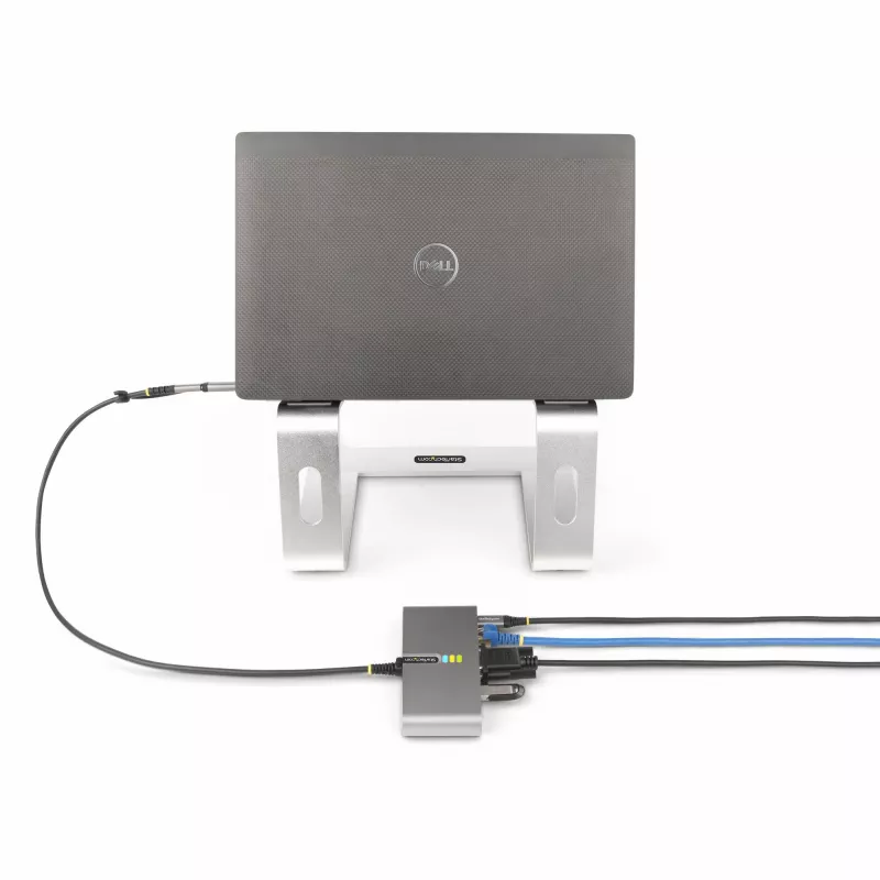 StarTech.com 2-porttinen USB-C-keskitin Ethernetillä ja RS-232:lla, kiinteä USB-C–USB-A-dongle, 100 W PD -läpivienti, 2x USB-A 5 Gbit/s, gigabit-Ethernet, RS232-sarjaliitäntä (FTDI)