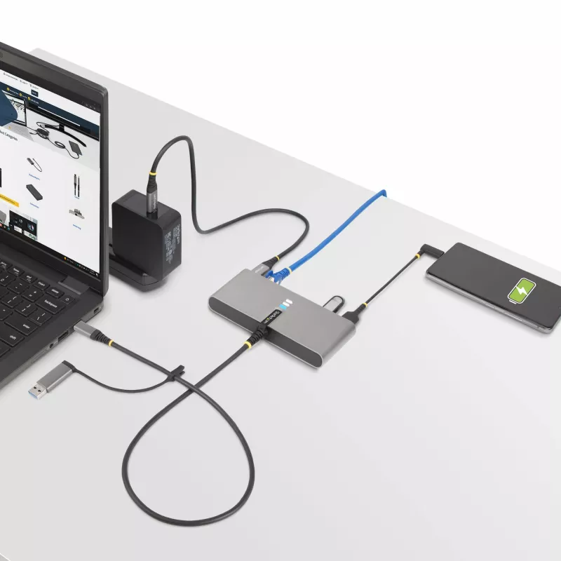 StarTech.com 2-porttinen USB-C-keskitin Ethernetillä ja RS-232:lla, kiinteä USB-C–USB-A-dongle, 100 W PD -läpivienti, 2x USB-A 5 Gbit/s, gigabit-Ethernet, RS232-sarjaliitäntä (FTDI)