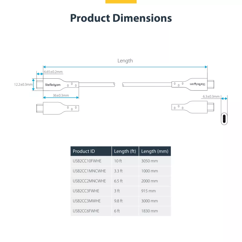 StarTech.com 3m (9.8ft) valkoinen USB-C-latauskaapeli, USB-C-kaapeli, USB 2.0 Type-C kannettavan tietokoneen latauskaapeli, 60W 3A Power Delivery, TPE-päällyste, USB-C-tiedonsiirtokaapeli, M/M