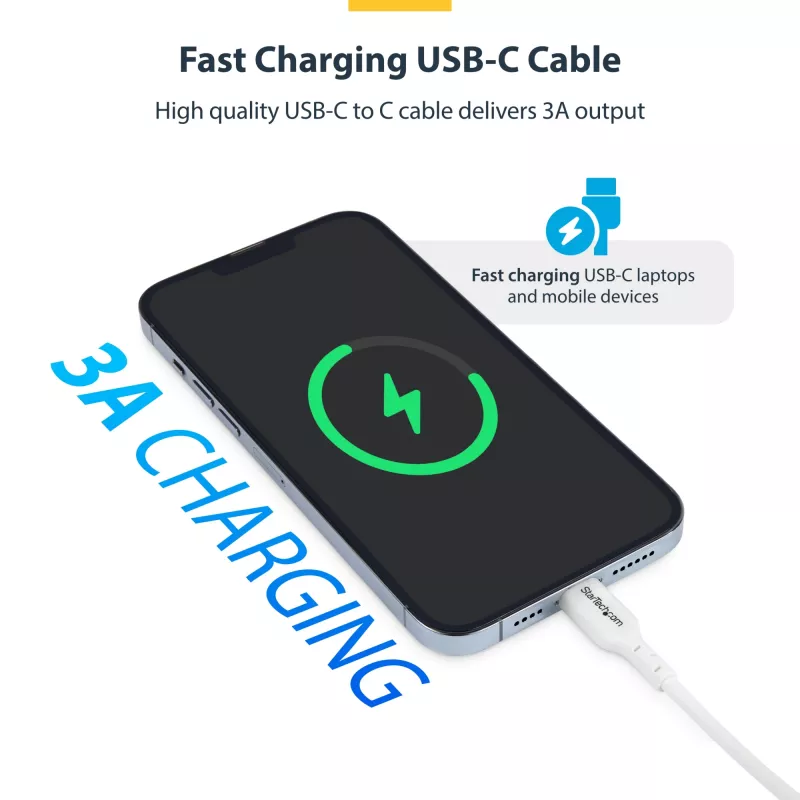 StarTech.com 3m (9.8ft) valkoinen USB-C-latauskaapeli, USB-C-kaapeli, USB 2.0 Type-C kannettavan tietokoneen latauskaapeli, 60W 3A Power Delivery, TPE-päällyste, USB-C-tiedonsiirtokaapeli, M/M