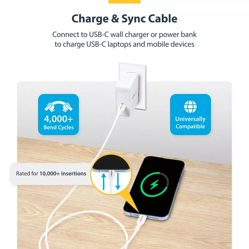 StarTech.com 3m (9.8ft) valkoinen USB-C-latauskaapeli, USB-C-kaapeli, USB 2.0 Type-C kannettavan tietokoneen latauskaapeli, 60W 3A Power Delivery, TPE-päällyste, USB-C-tiedonsiirtokaapeli, M/M