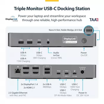 StarTech.com kolmen näytön USB-C-telakka, 140W kannettavan tietokoneen laturi MacBook Prolle ja Windowsille, 4K 60Hz HDMI tai DisplayPort, TAA