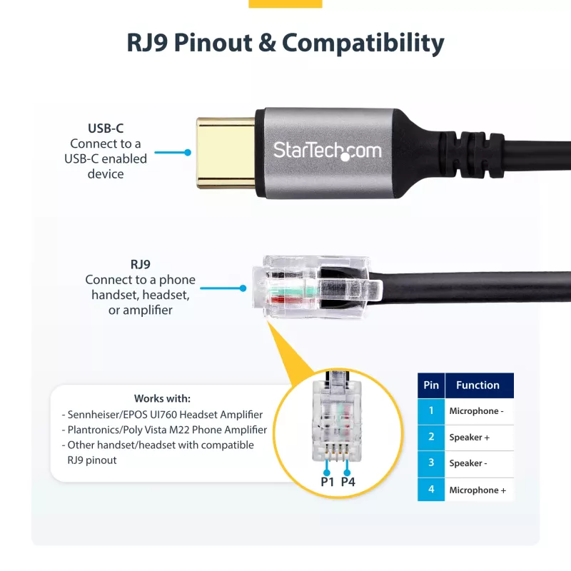 StarTech.com UR9-HEADSET-ADAPTER kaapelisovitin USB-C RJ-9 musta
