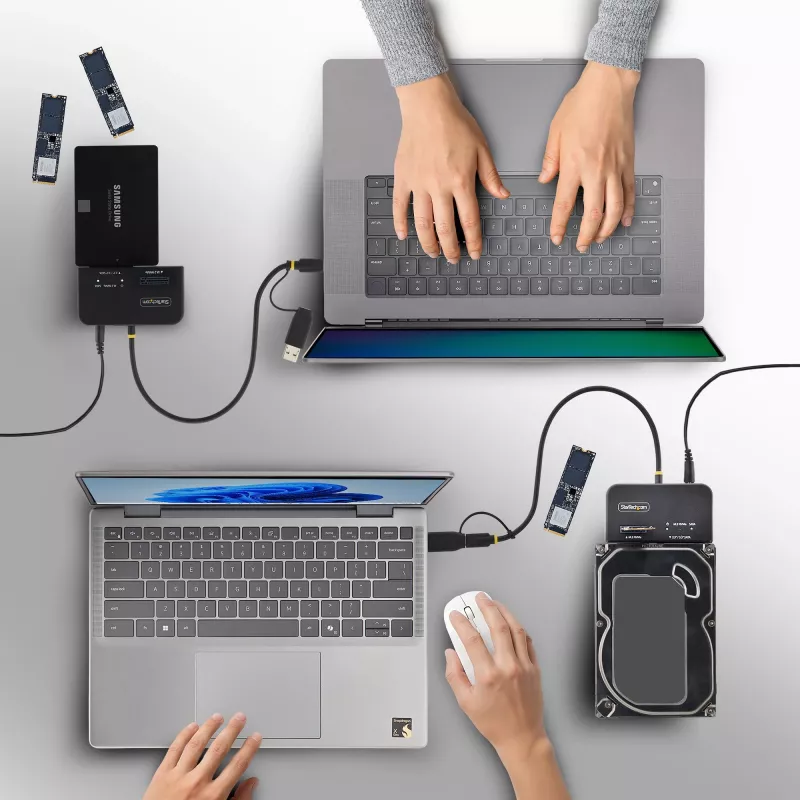 StarTech.com USB-C/USB-A - M.2 NVMe- ja 2,5 tuuman/3,5 tuuman SATA -adapteri, 10 Gbit/s, työkaluton ulkoinen SSD-kiintolevylukija, B+M/M-Key