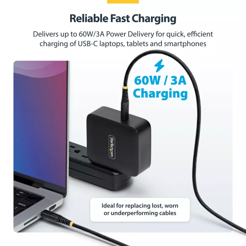 StarTech.com 2 m (6 ft) USB-C-latauskaapeli, 60 W (3 A) PD, kaksikerroksinen punottu nailon-/TPE-päällyste, kestävä USB-C-latauskaapeli, USB 2.0 -kannettavalaturikaapeli